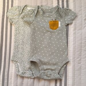 Carter's Green Baby Onesie set of 2, one with Bee Patch, one with flower pattern